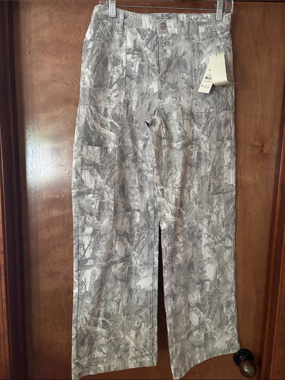 No Boundaries Women's Wide Leg Pants - Gray Camouflage Print